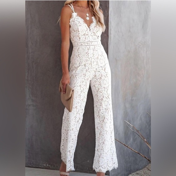 Pants - NWOT Ivory Lace Beach Wedding Strappy Jumpsuit, Honeymoon, Vacation, Size Large